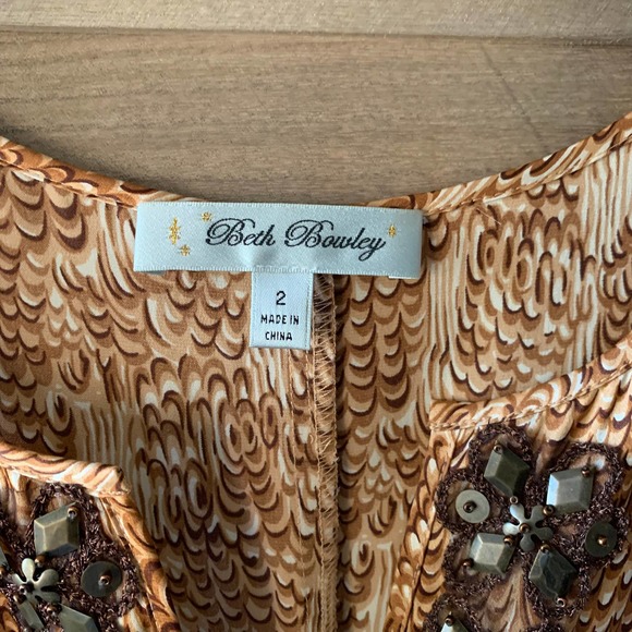 Anthropologie Beth Bowley Dress 100% Silk Lace & Beaded Detail Brown Cream Sz 2 - Picture 2 of 8